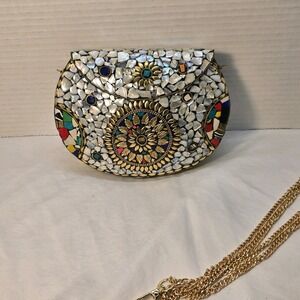 Ramla Handmade Mosaic Clutch Evening Bag Party Purse with‎ Gold Tone Chain Strap